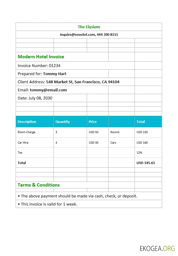 Modèle de facture d'hôtel moderne
